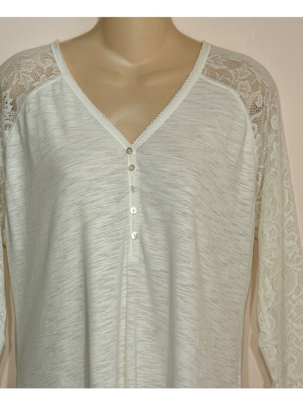 Chaps Ivory Lace Sleeve Button Detail V-Neck Top 1X